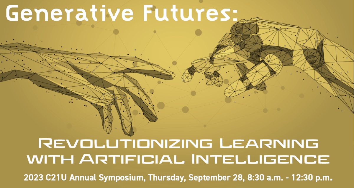 A human and humanoid hand reaching to each other. Generative Future: Revolutionizing Learning with Artificial Intelligence / 2023 C21U Annual Symposium