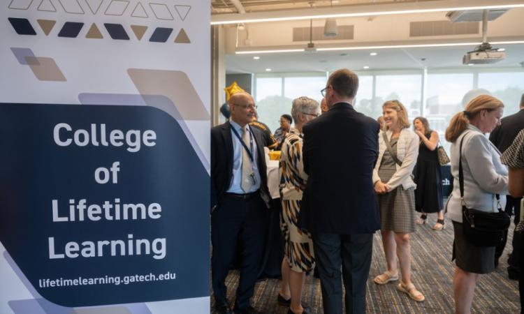 President Cabrera speaking during the Institute Address with the logo of the College of Lifetime Learning