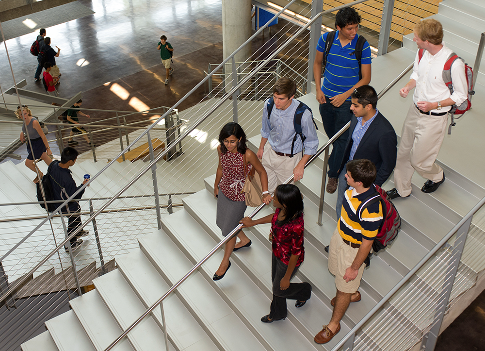 Tech students walking up and down the Clough stairs.