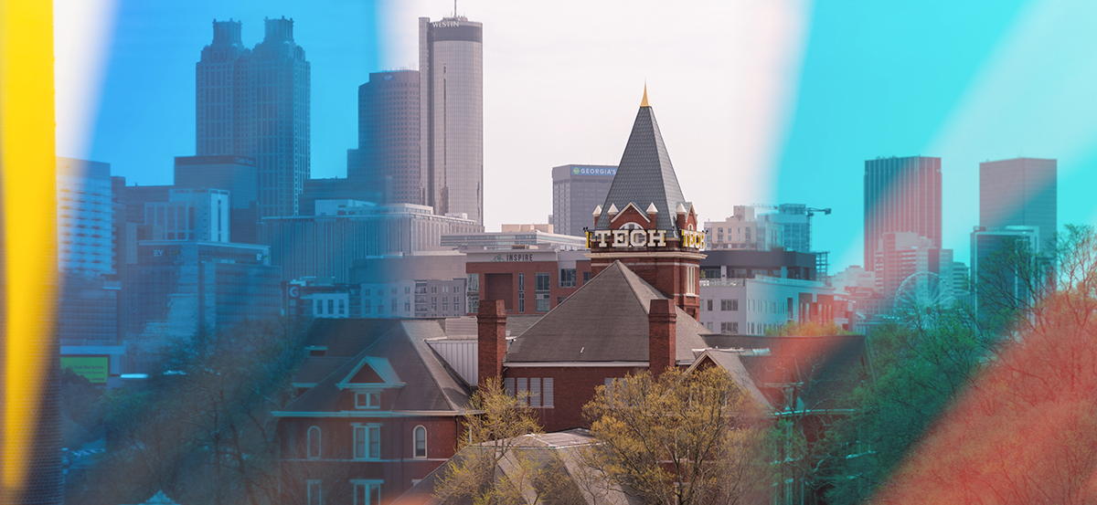 A view of Tech Tower from the Library through the Chroma installation.