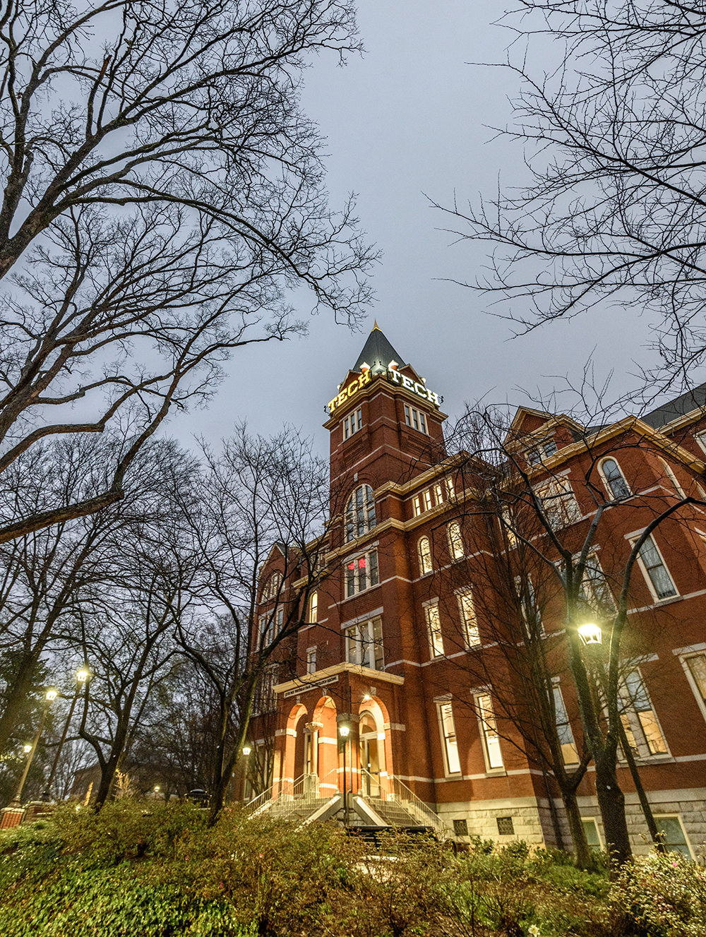 A view of Tech Tower at night during winter time.