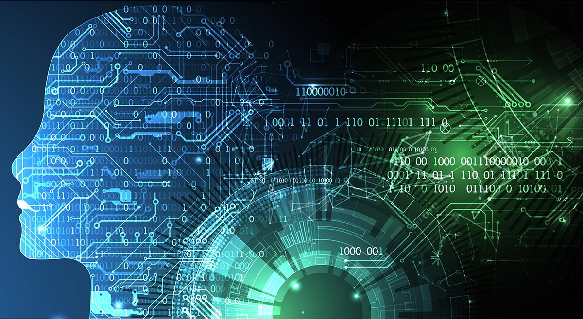 Profile of a human head graphic filled with circuit patterns and binary code, blending into a glowing digital network.